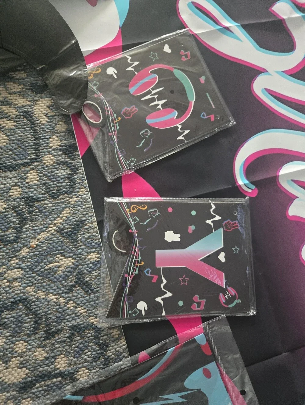 Happy Birthday Music Banner Party Backdrop - Black, Pink & Teal